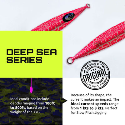 Pink DEEP Crackle infographic detailing usage depth and current range for effective slow pitch jigging setup